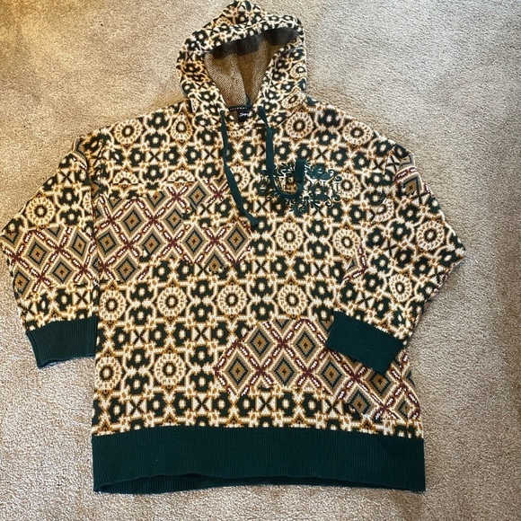 Smoke Rise Cotton Hoodie Tapestry Jacquard Knit Top Green Gold Fairisle Sz XL - Picture 1 of 10